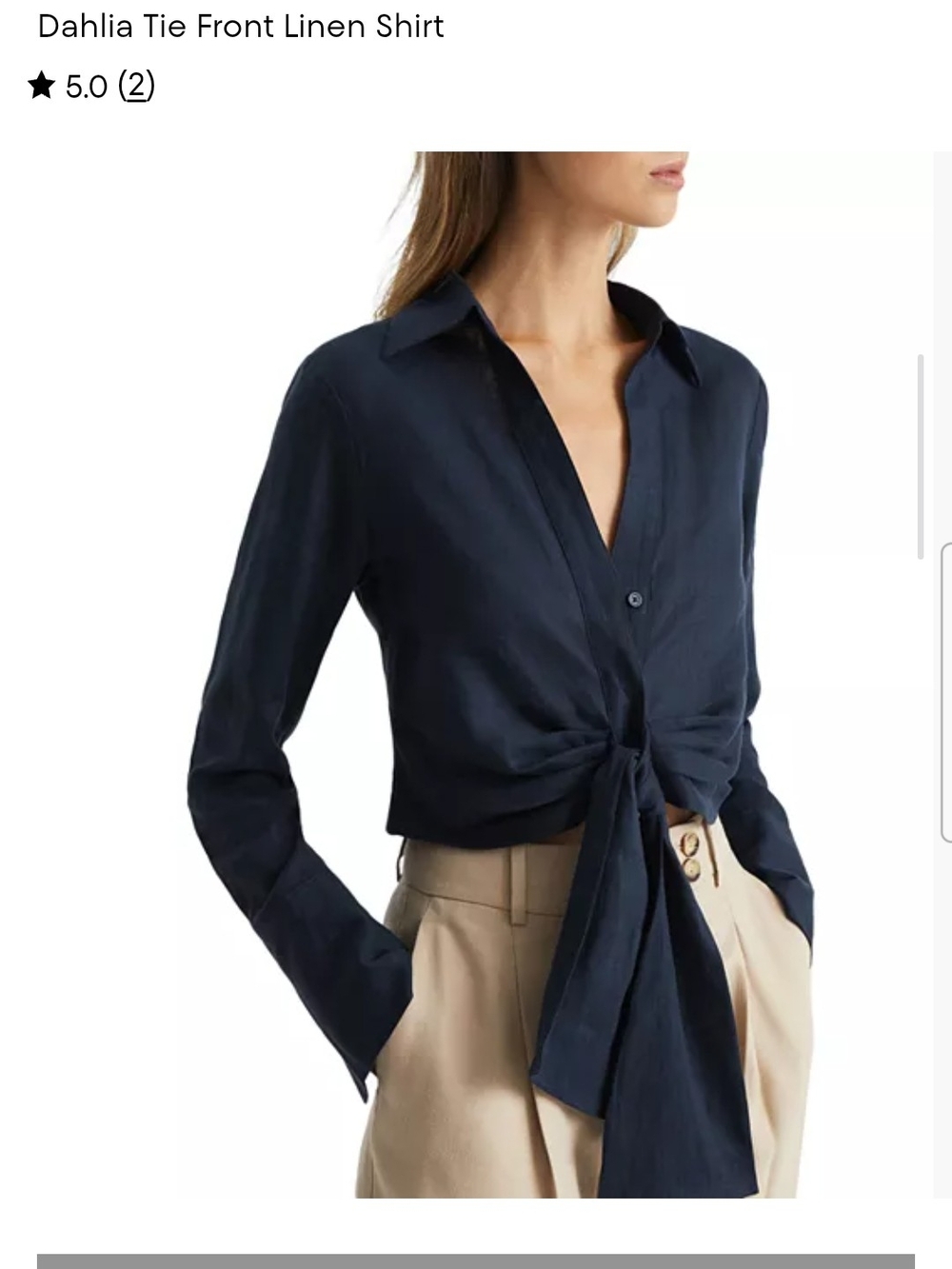 Reiss Dalia Navy Tie-Front Linen Blouse